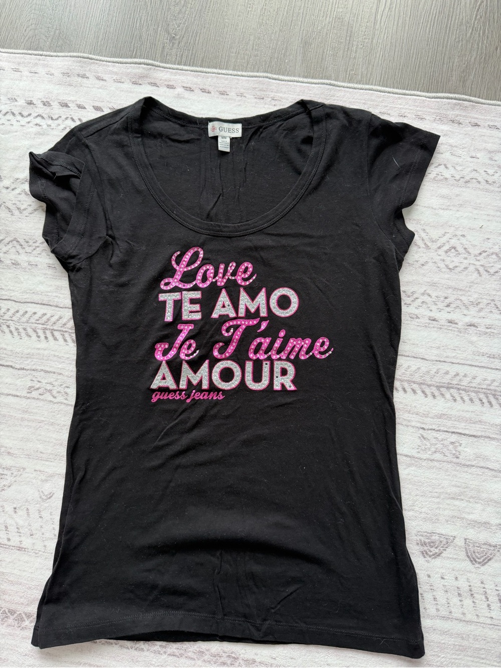 Guess Black Short-Sleeve Tee with Pink Script Hearts